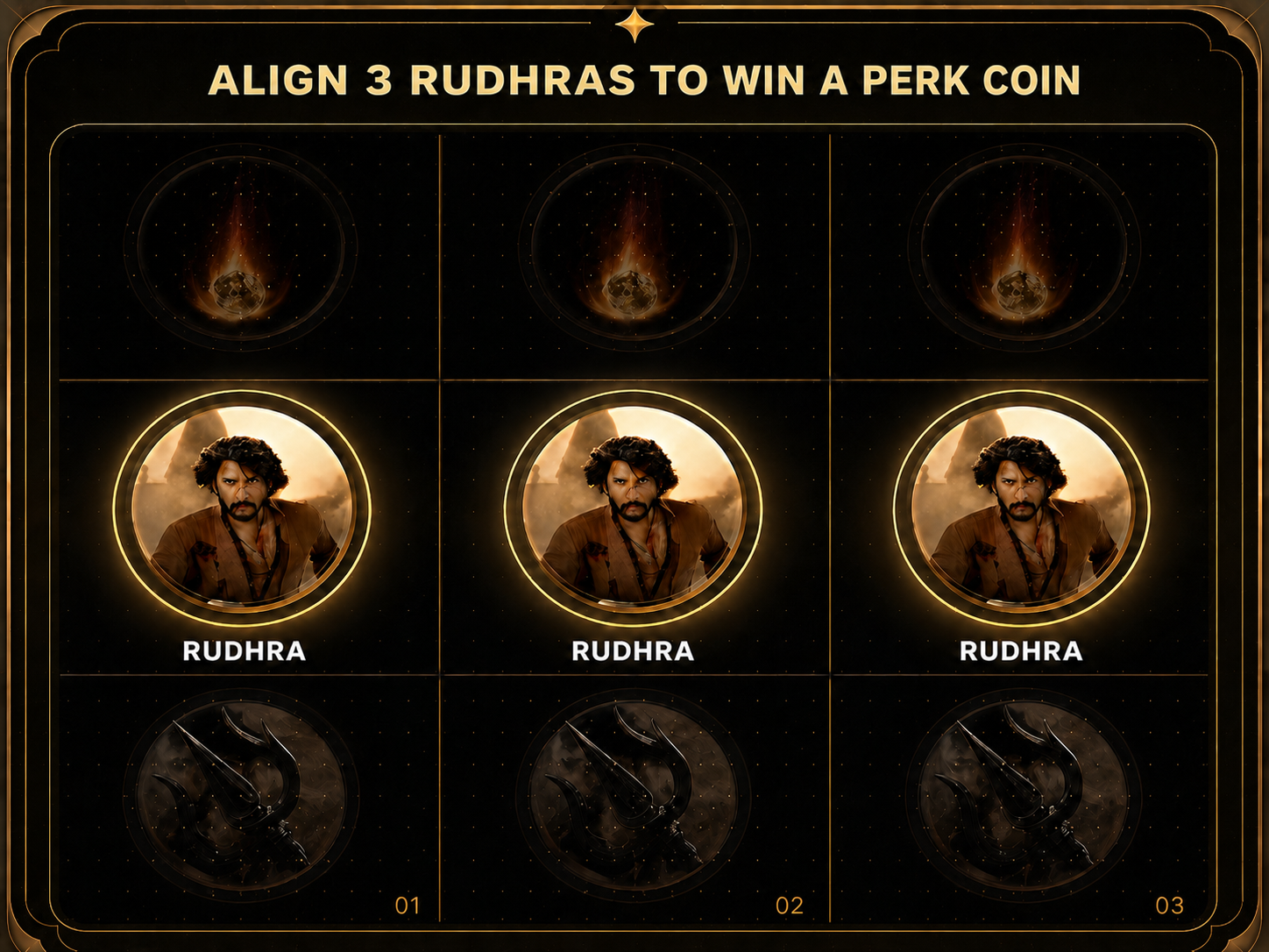 Varanasi winning alignment showing three Rudhras aligned across the slot machine